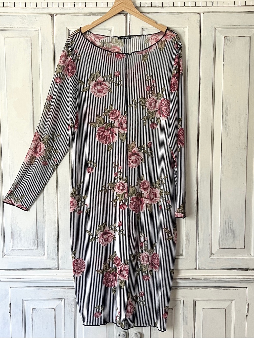 🟠NWT STORYTELLER Sheer Midi Dress for Layering in Floral Print w/Navy Stripes 1X